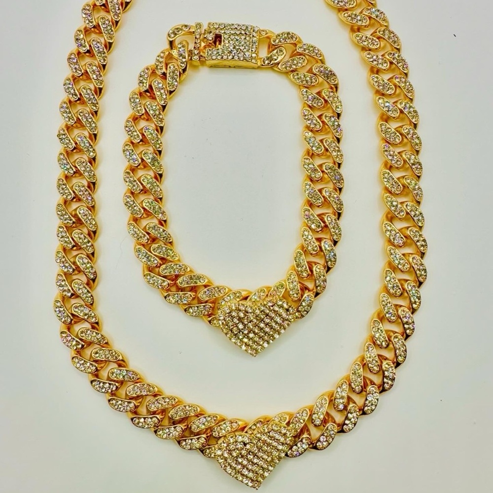 Gold Iced-Out Heart Necklace & Bracelet Set